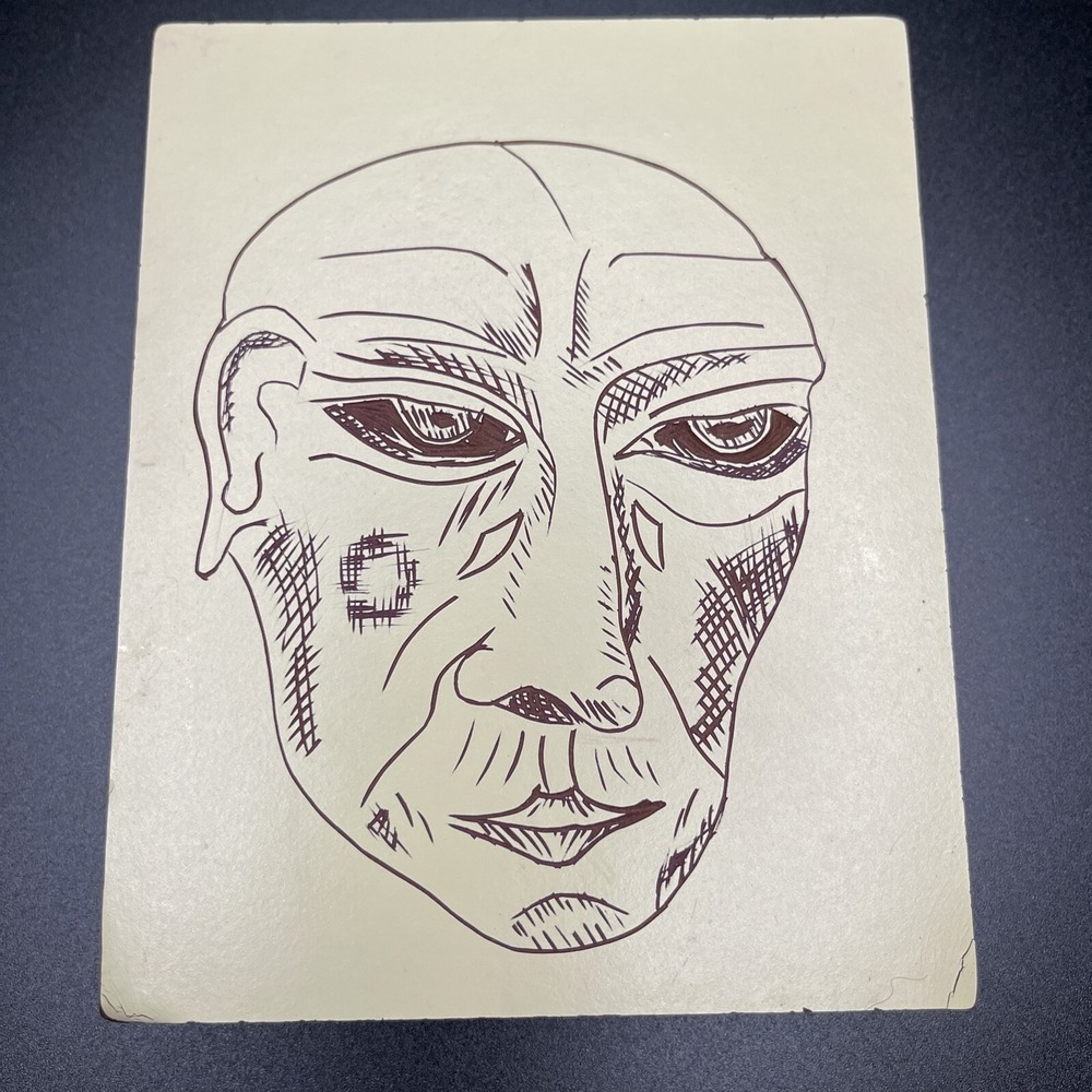 Vintage Art Etching on Wood Block Outsider Art Bald Man Face Intense Eyes Plaque